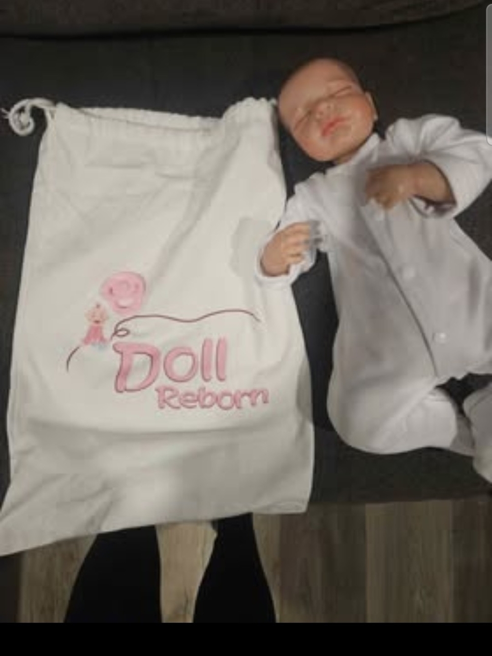 Reborn White Drawstring Doll Storage Bag with Pink Logo